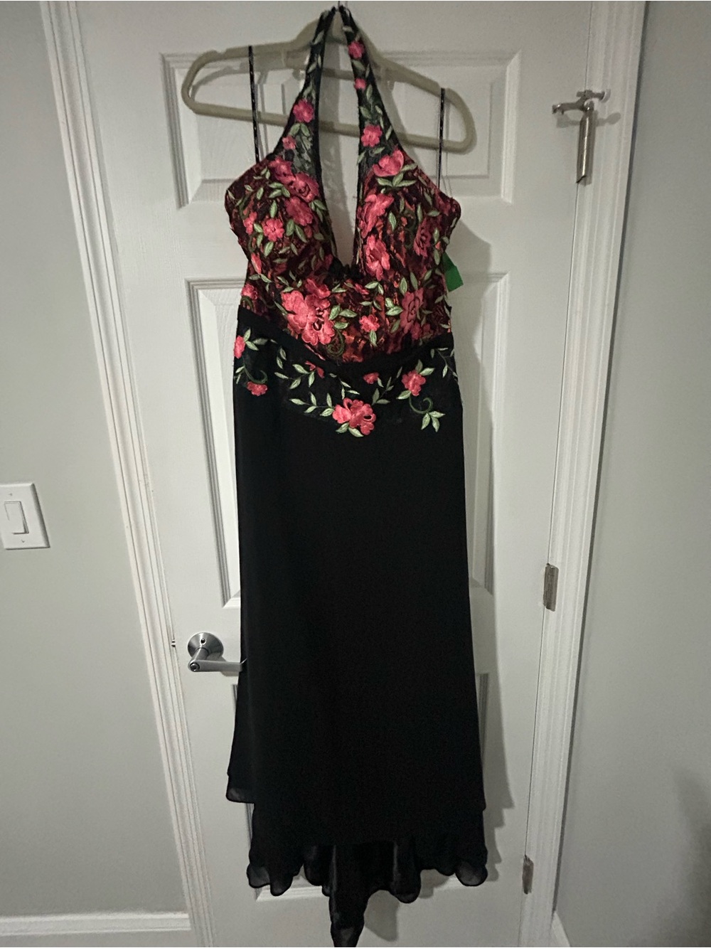 Black Halter Evening Dress with Pink Floral Embroidery